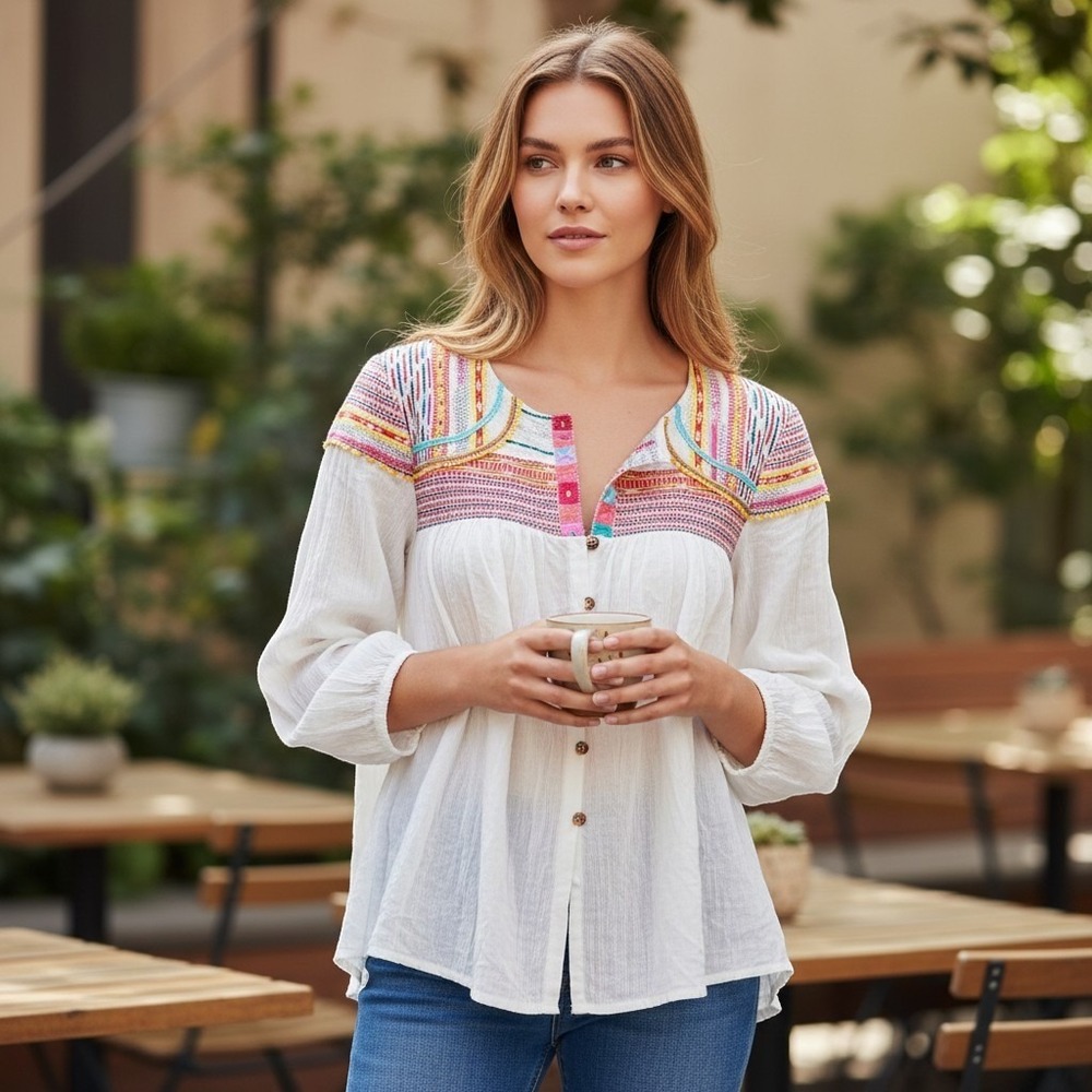 Tantrums White Boho Embroidered Peasant Blouse Long Sleeve Tapestry Yoke Top L